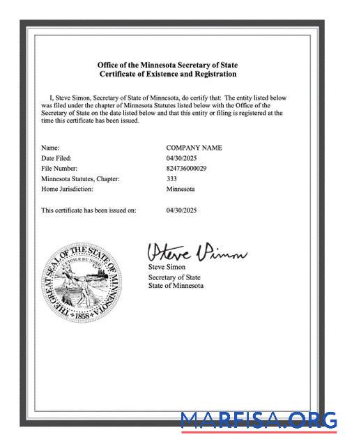 Downloadable USA Minnesota certificate of existence and registration Word and PDF template